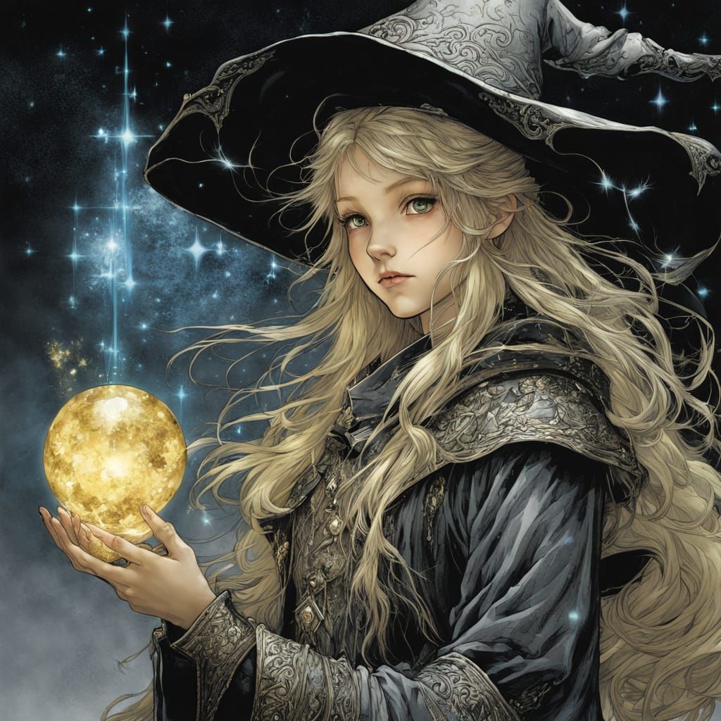 Blond Wizard Girl with Sparkle Potion in Chiaroscuro