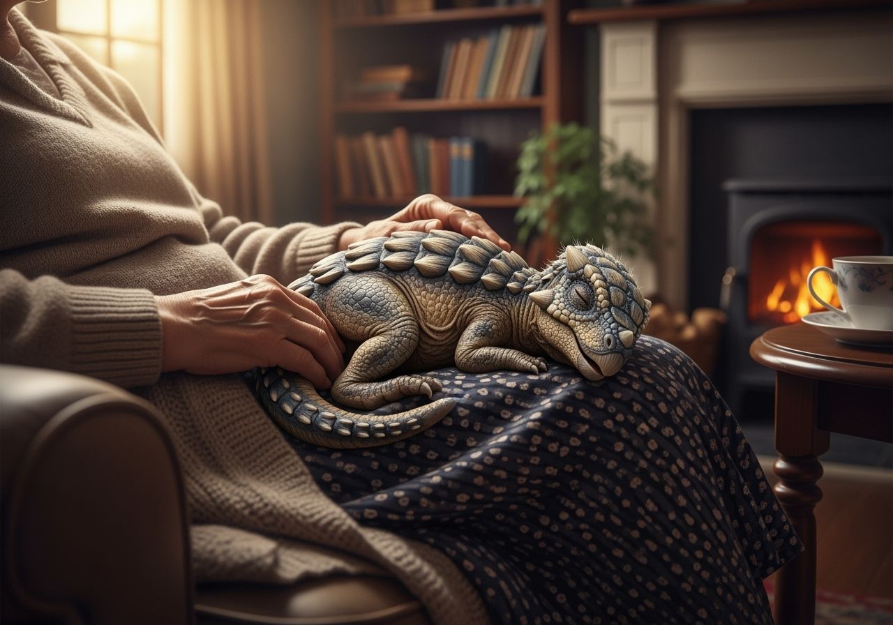 Granny's Cozy Lap: Hyperrealistic Dinosaur Photograph
