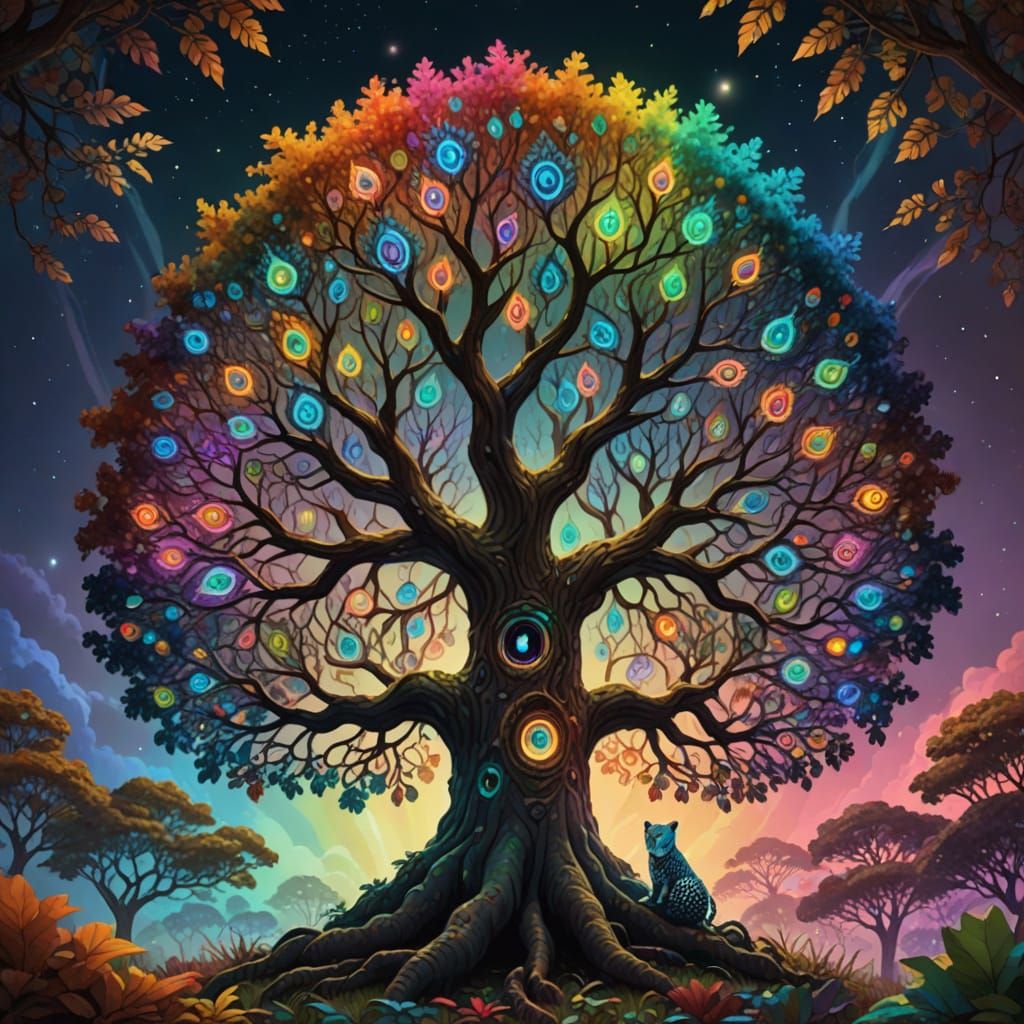 Giant Magical Tree with Eyes and Rainbow Leaves
