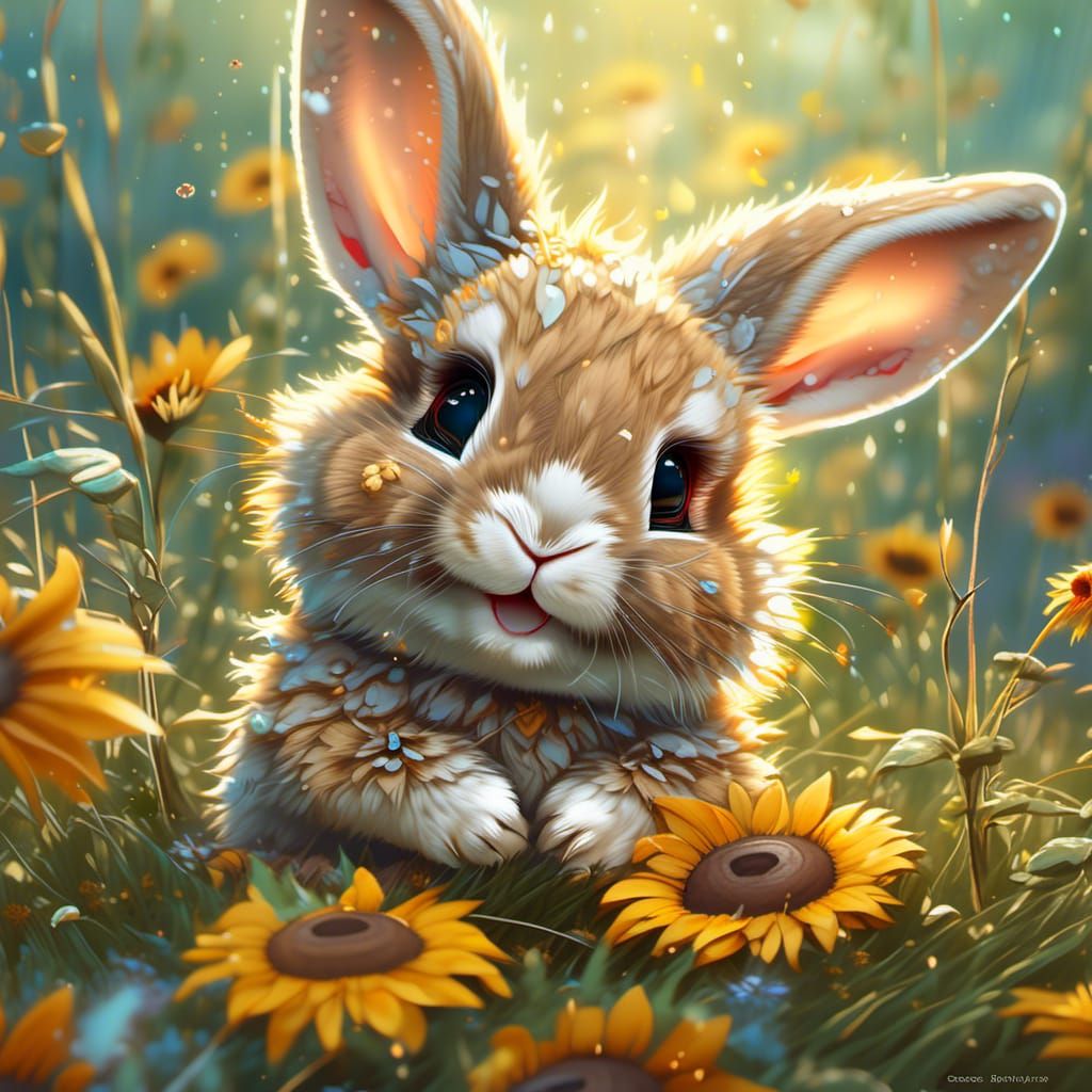 Joyful Chibi Rabbit in Sunflower Field