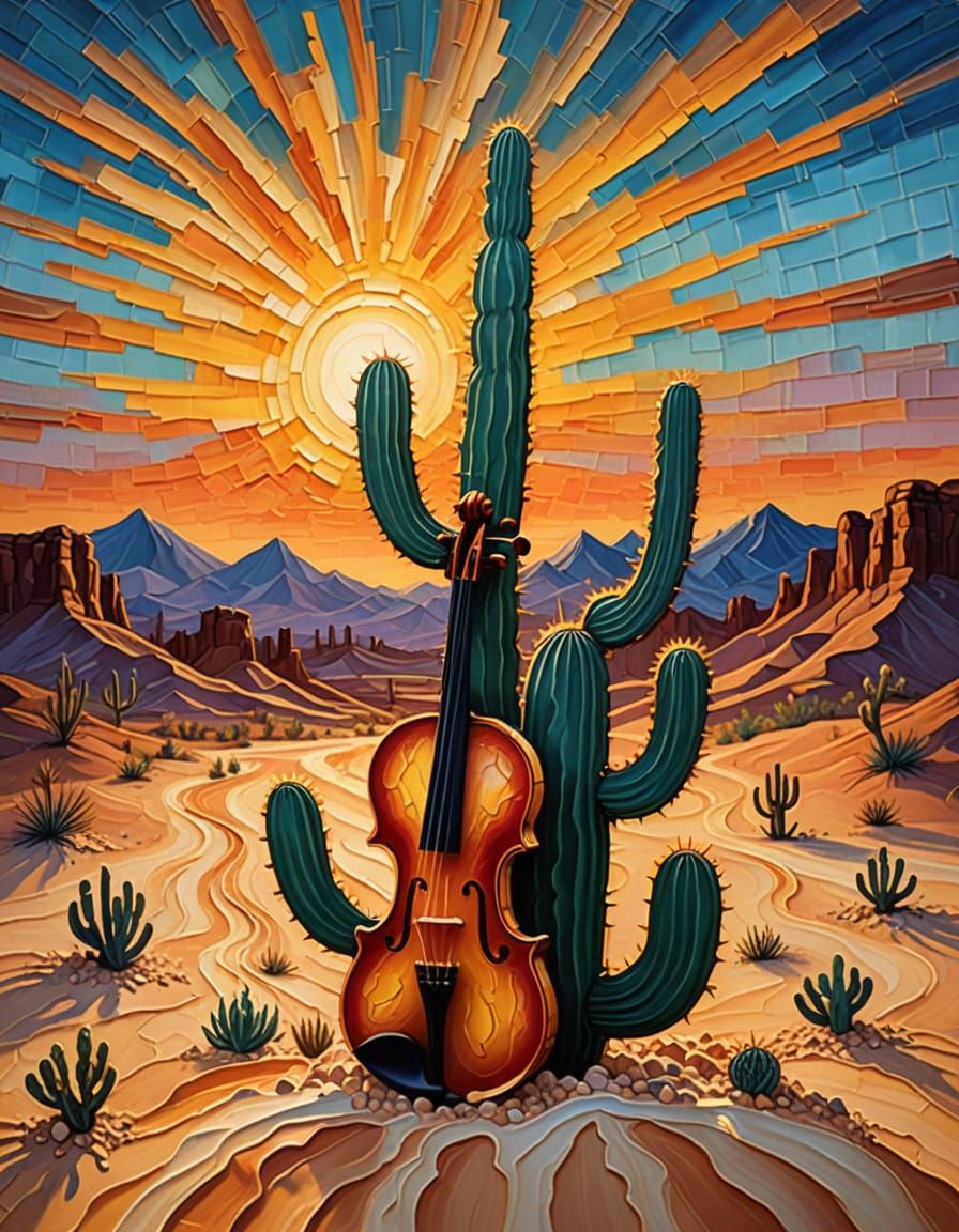 Surreal Cactus Plays Glass Violin at Desert Twilight
