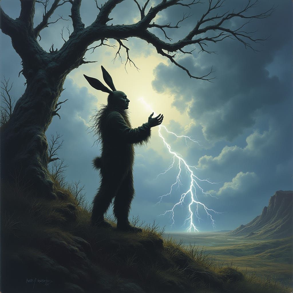 Easter Bunny Druid Silhouetted Against Stormy Sky