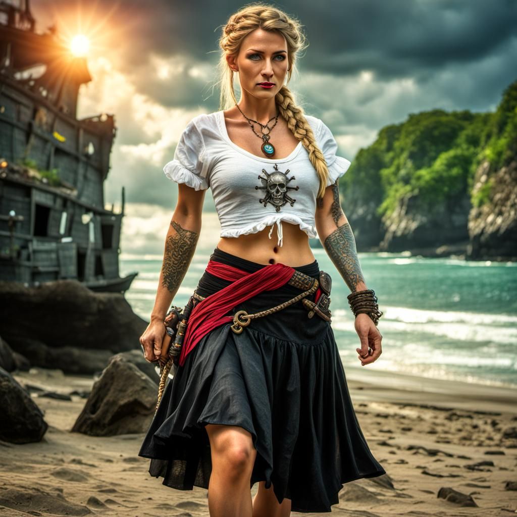 Hyperrealistic Pirate Princess with Sun Tattoo
