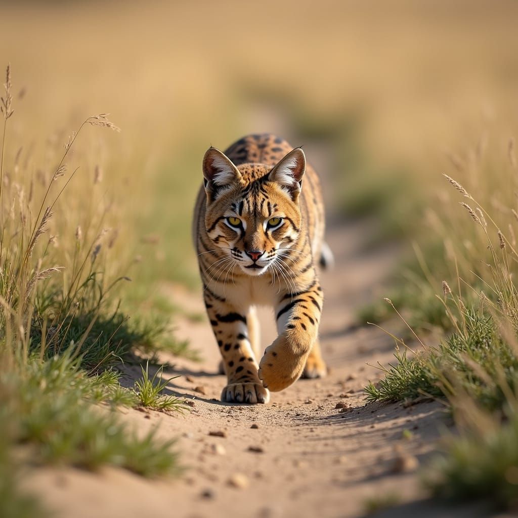 African Wildcat Stalking in Open Field