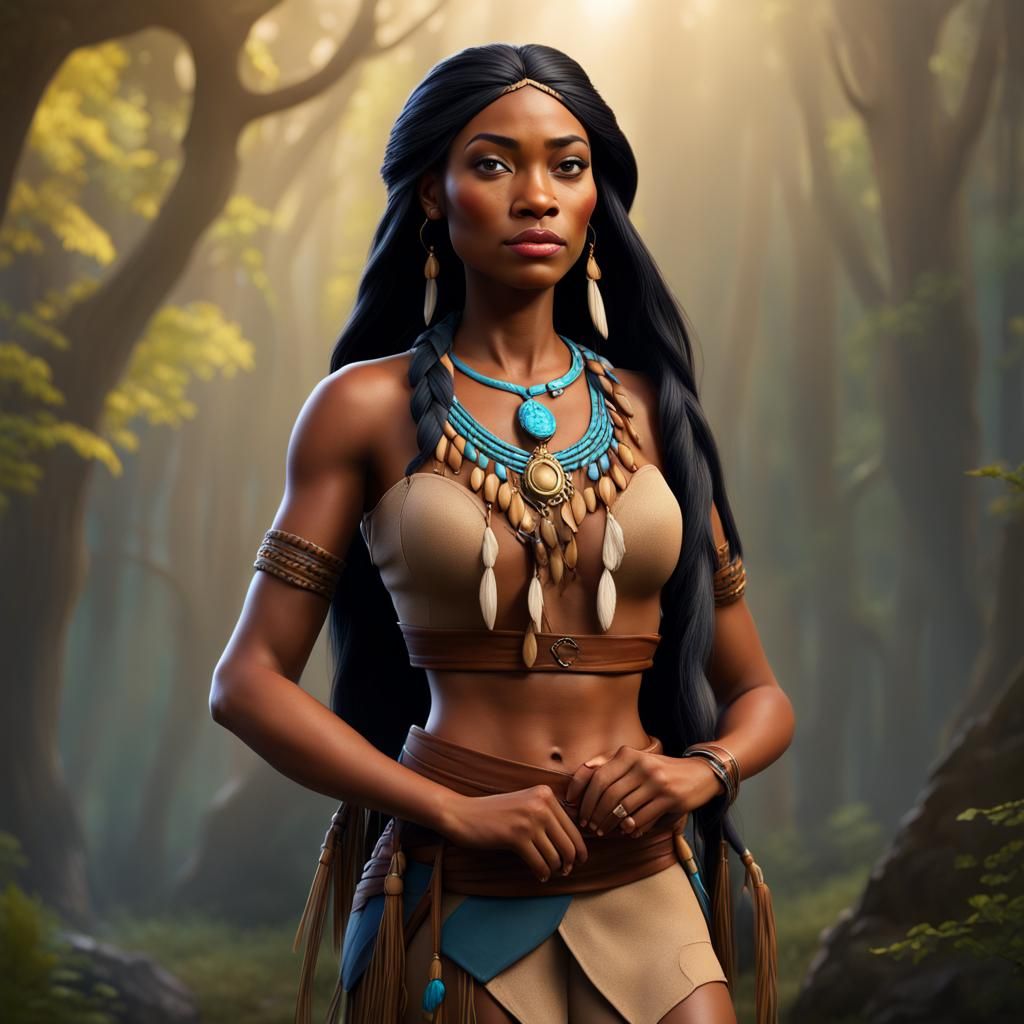 Ultrarealistic Pocahontas as Black Woman, Detailed Matte Pai...