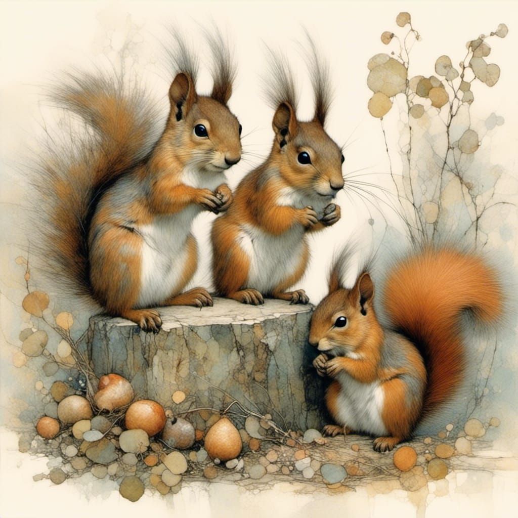 Whimsical Squirrels in Watercolor Illustration Style