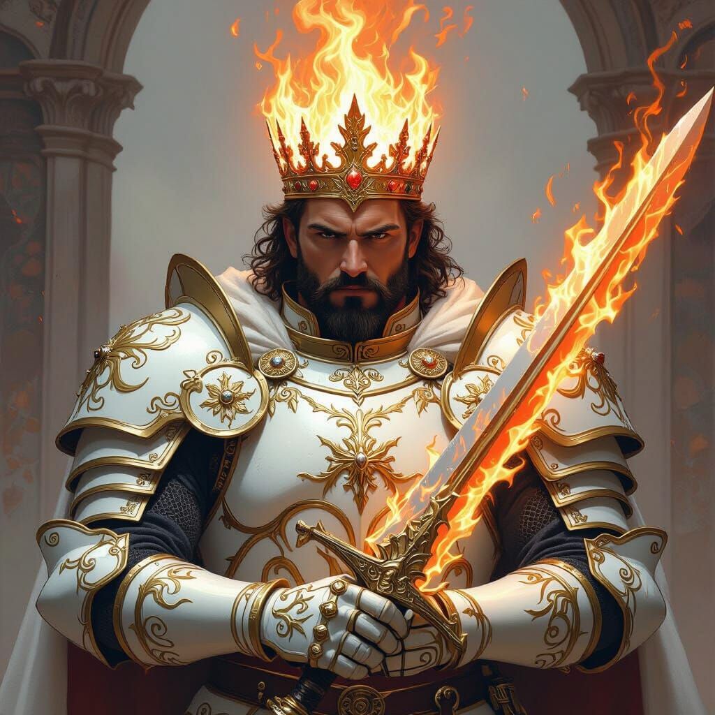 Armored King with Crown of Flames and Sword