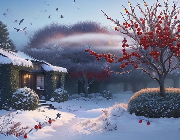 Birds in Snowy Shrubland: Anime Style