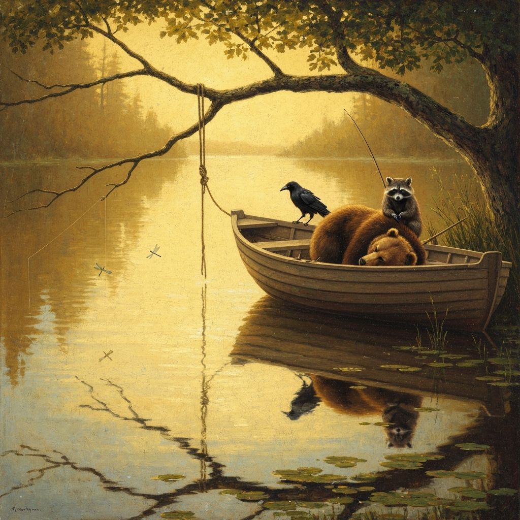 Rowboat with Bear, Raccoon, and Raven as Impasto Painting