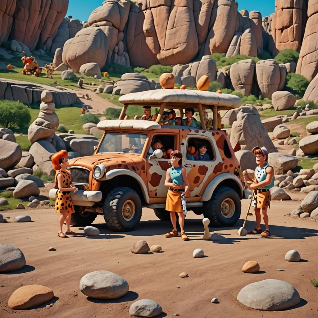 The Flintstones Family in Bedrock Landscape