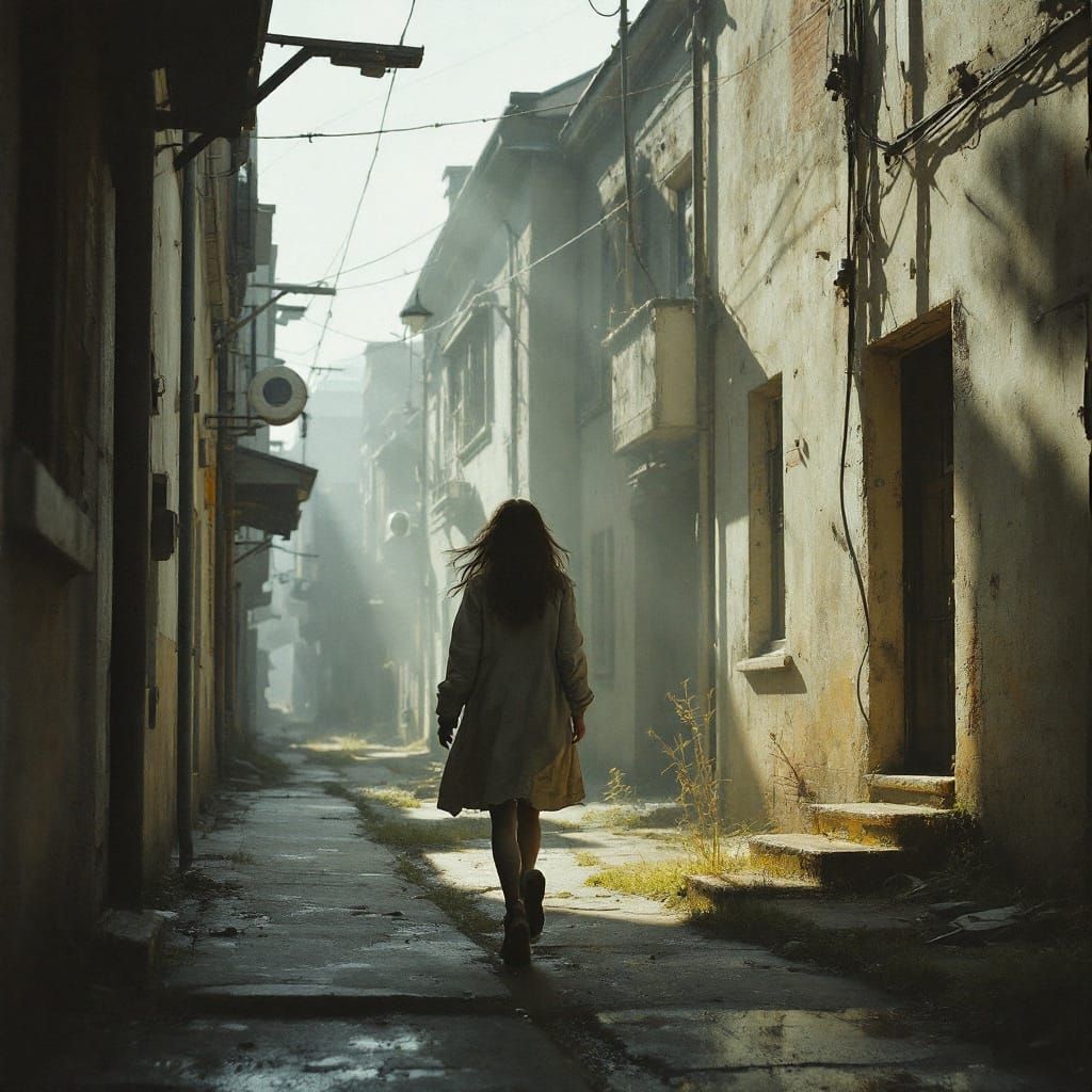 Atmospheric Realism: Woman Walking on Empty Street
