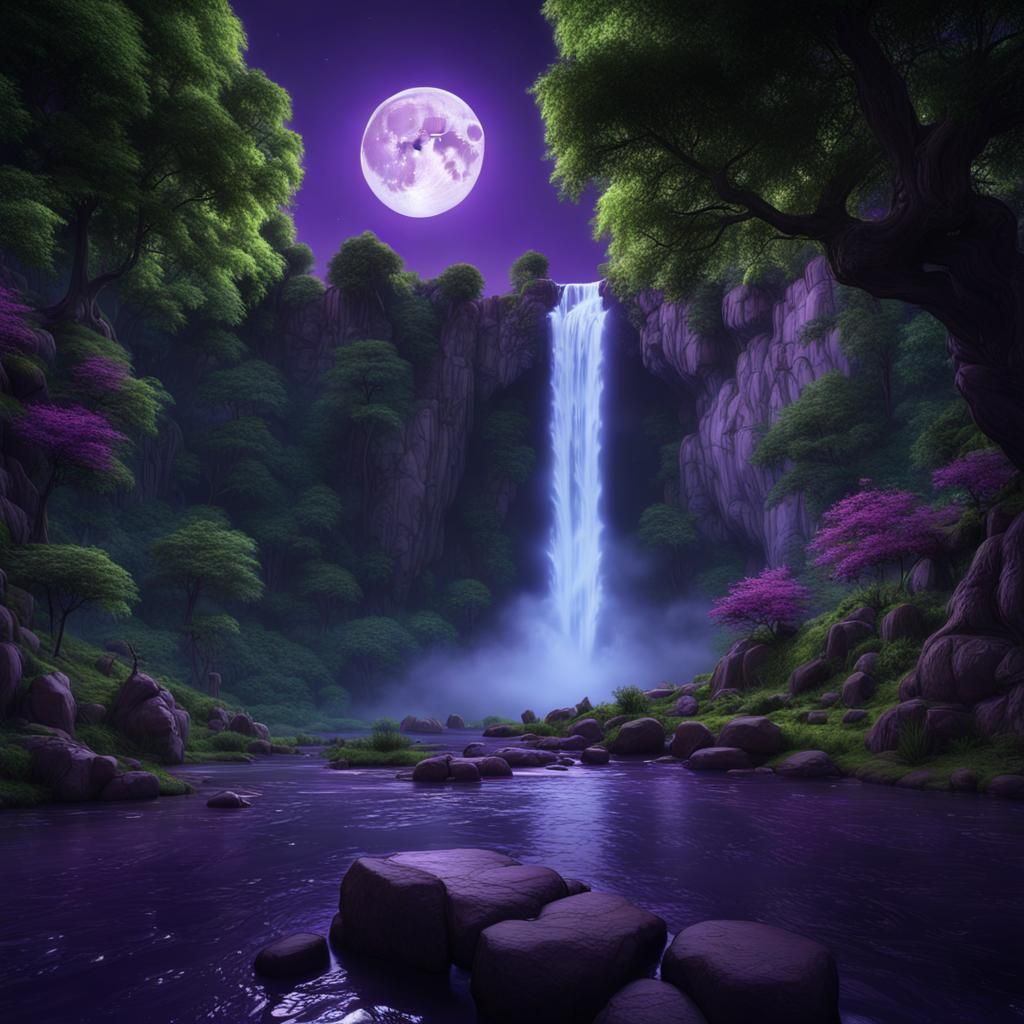 Lush Waterfall Scene Under Moonlight, Fantasy Concept Art