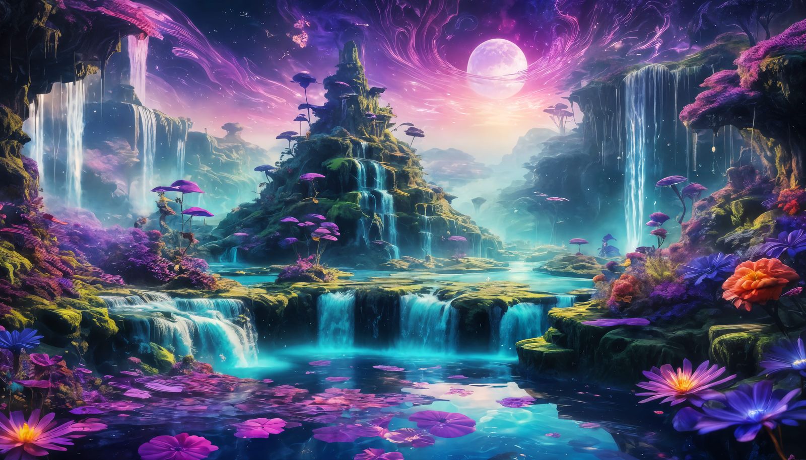 Dreamy Floating Islands with Violet Flowers
