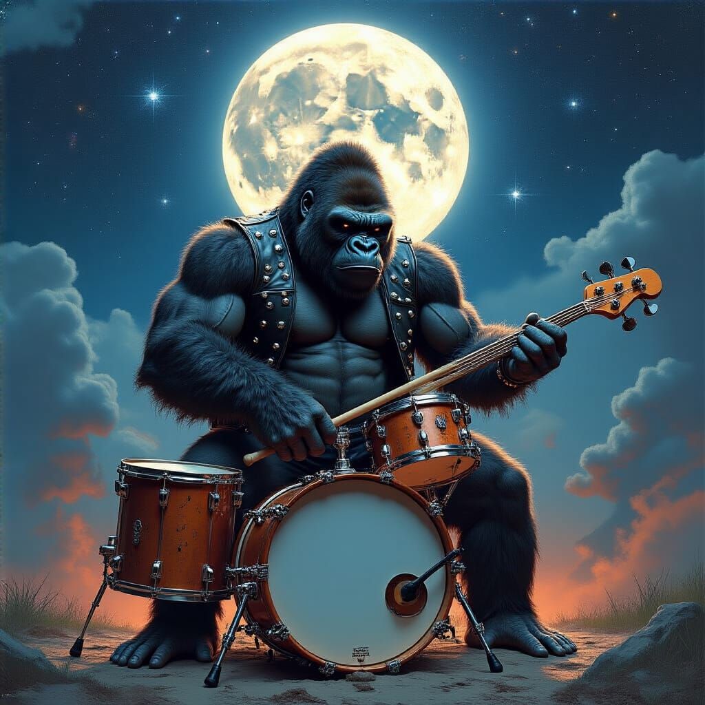 Gorilla Drumming to Heavy Metal Under a Full Moon
