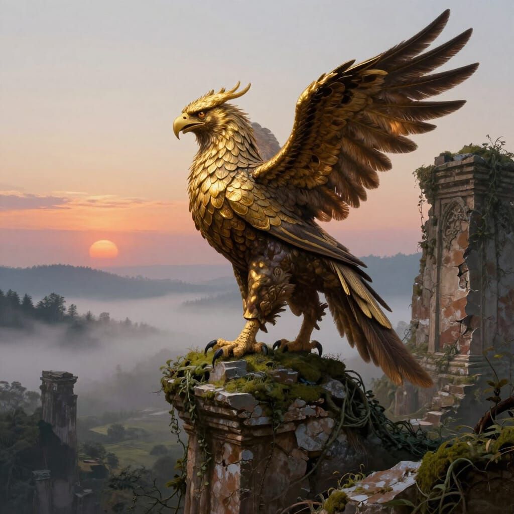 Majestic Griffin Over Misty Valley at Dawn