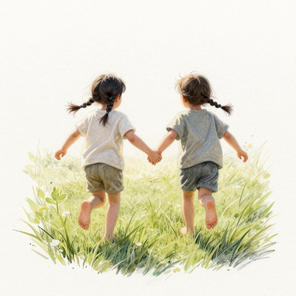 Children Running Hand in Hand Through Meadow Sketch