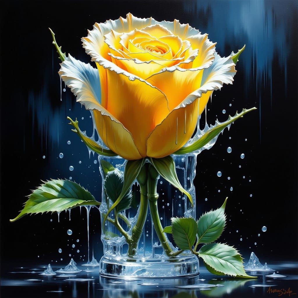 Exquisite Ice Rose Melting in Spotlight