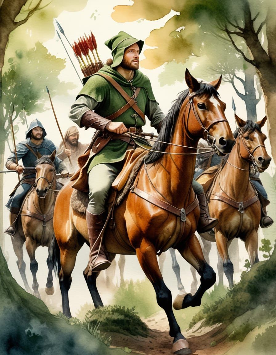 Medieval Hero Robin Hood Rides with his Band in a Vibrant Wa...