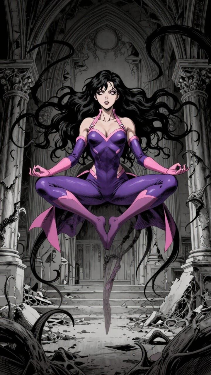 Asian Superheroine Meditates in Ruined Chapel