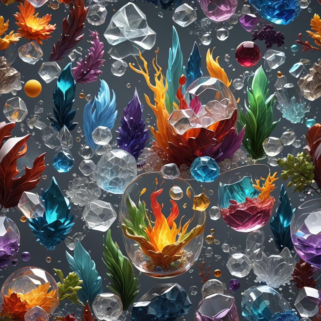 The Four Elements in Crystal Glass, 3D Render