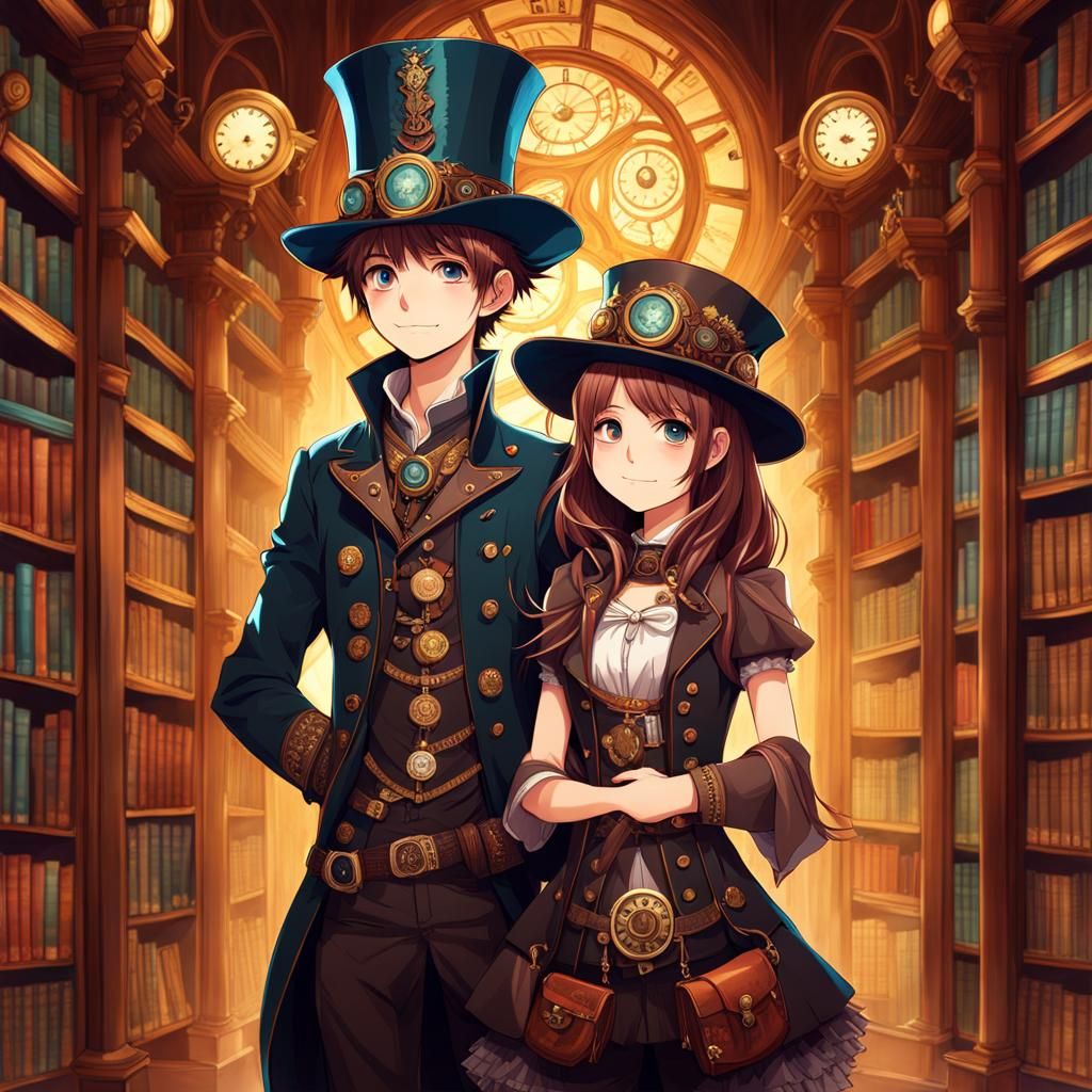 Cheerful Siblings in Steampunk Library: Anime Portrait