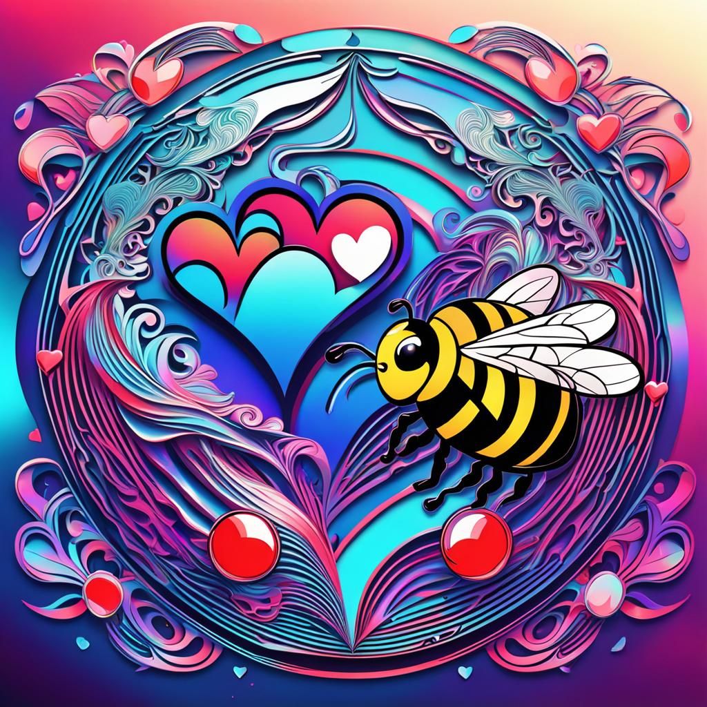 Holographic Vaporwave Ying Yang with Bees and Hearts