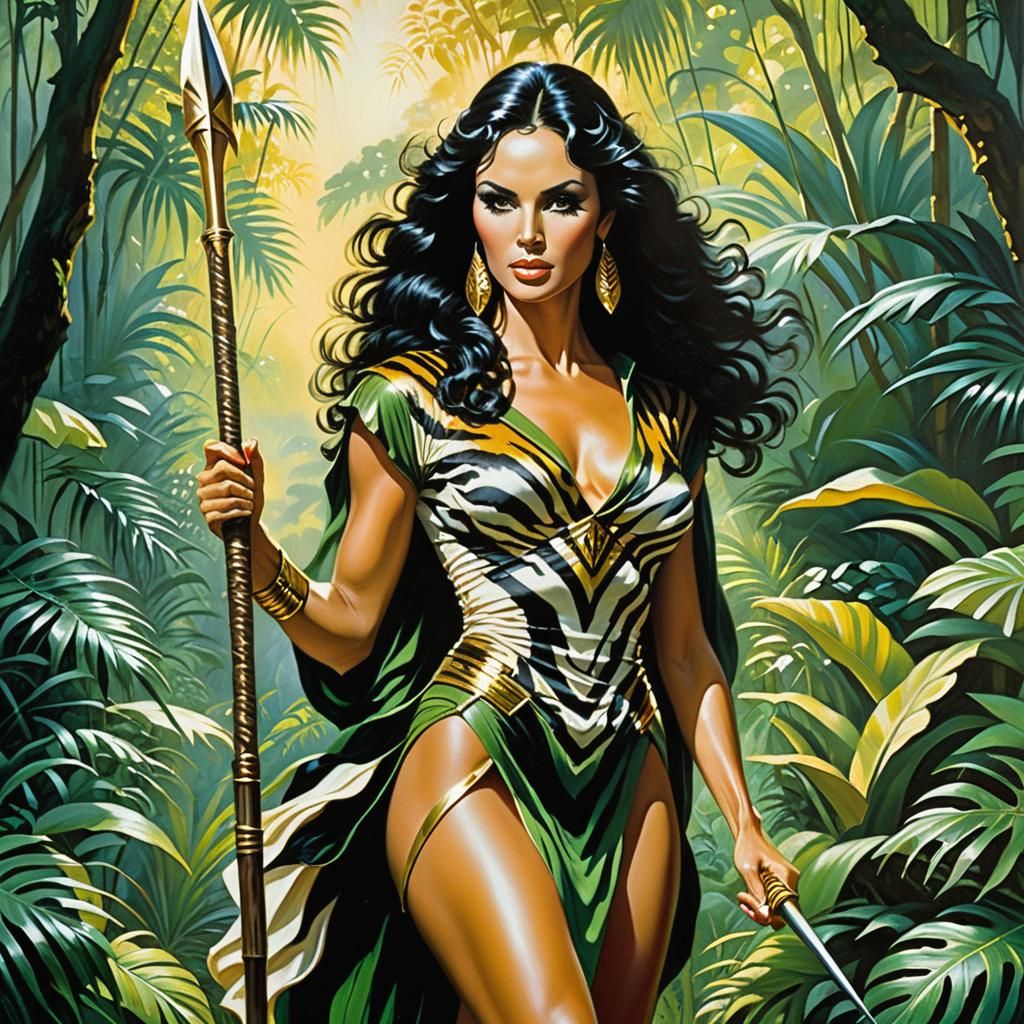 Jungle Huntress with Spear in Oil Painting Style