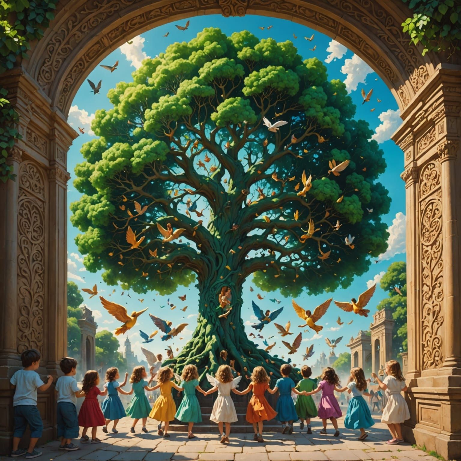 Surreal Hyperrealistic Tree of Life Scene with Angels and Ch...