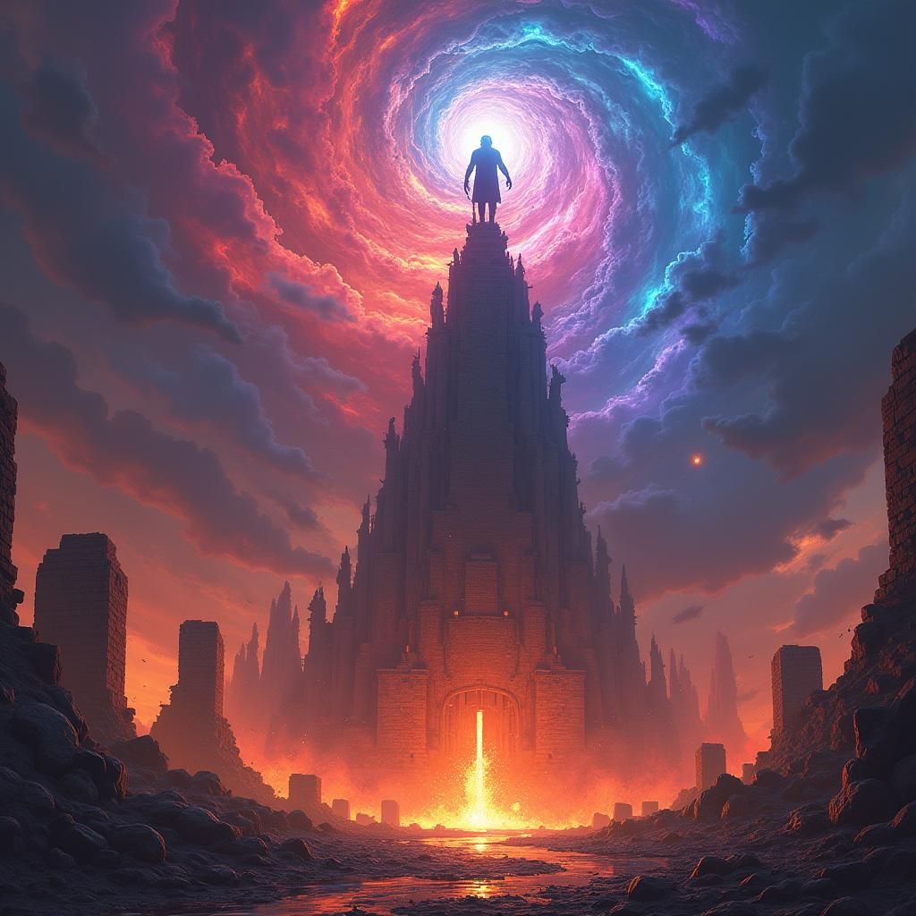 Towering Magic Figure Amidst Apocalyptic Ruin