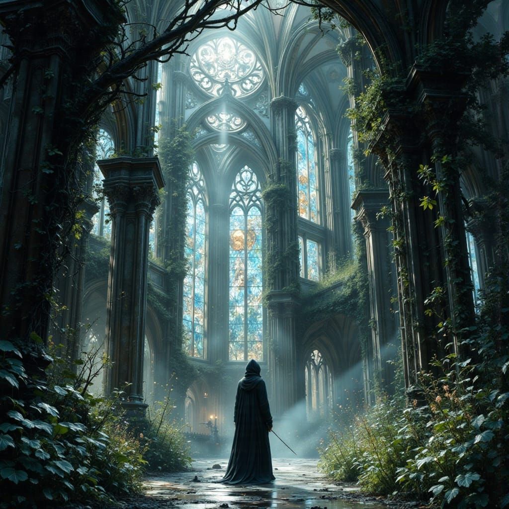 Gothic Cathedral Interior with Moonlit Figure