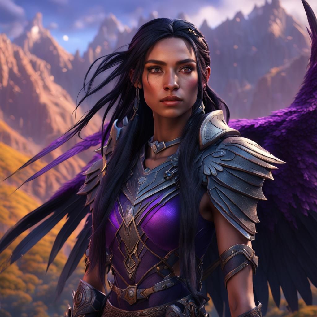 Winged Woman with Violet Eyes in Detailed Matte Painting