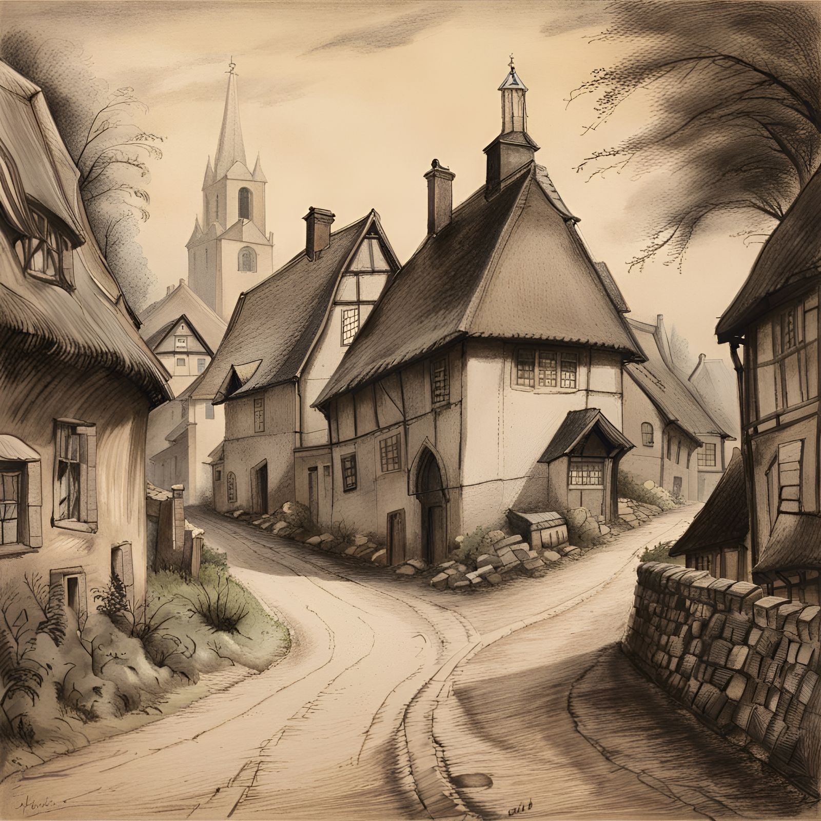 18th Century Hamlet Charcoal Drawing