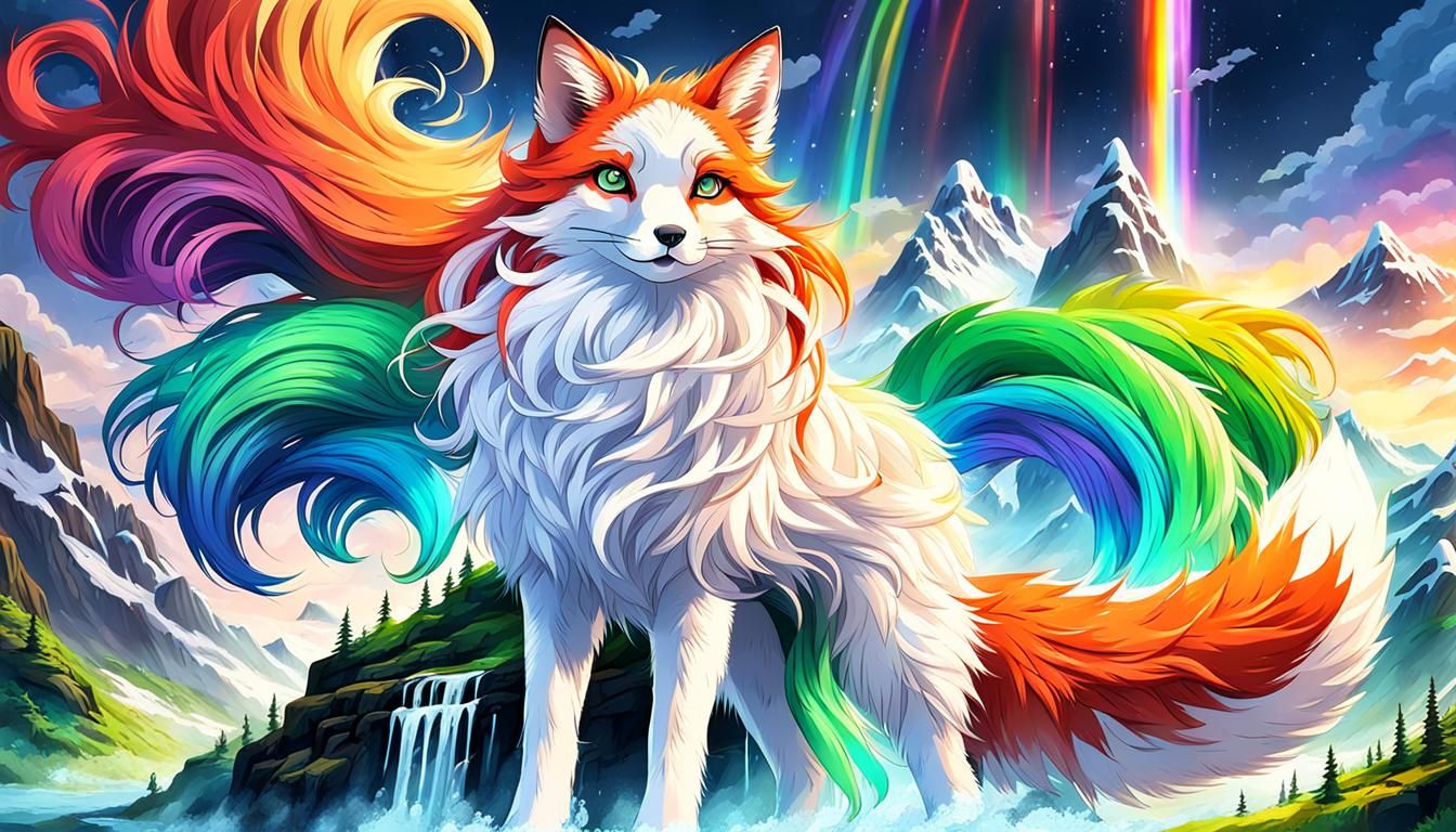 Tenko Style Nine-Tailed Fox with Rainbow Waterfall