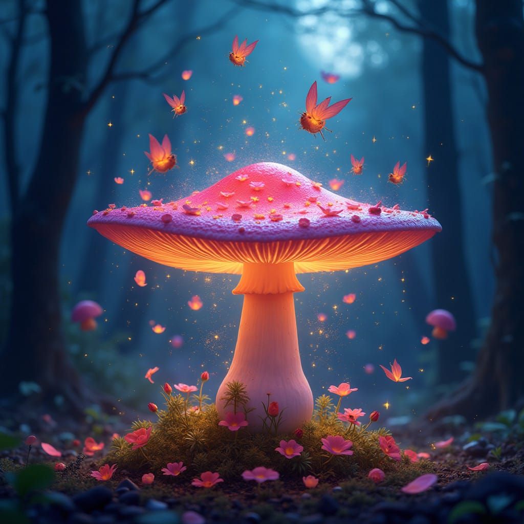 Mystical Midnight Toadstool Blooms with Pixies in the Enchan...