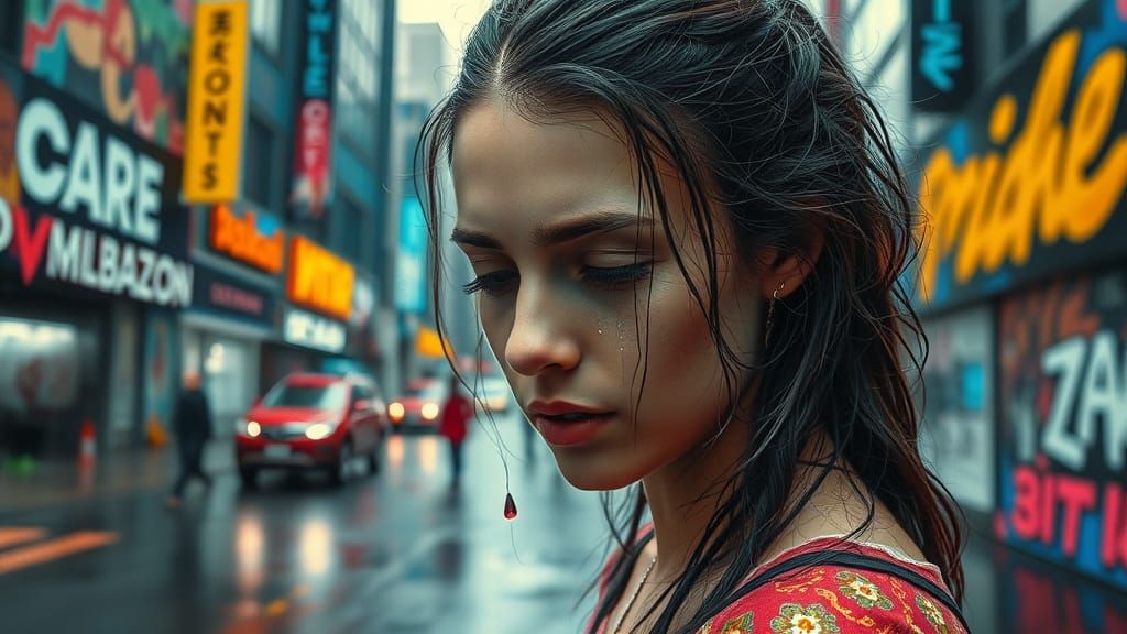 Neon Tears: Cyberpunk Portrait in Polychromatic Street Art