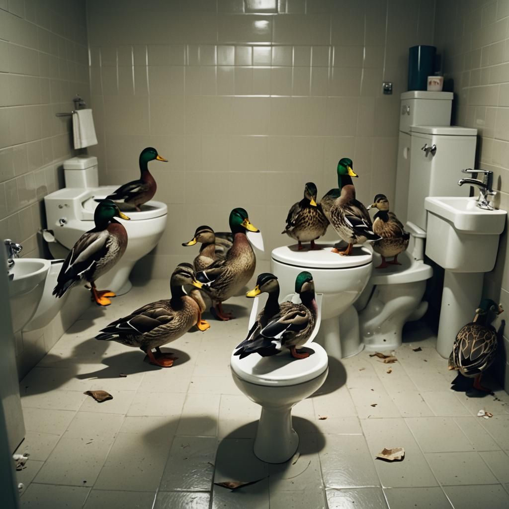 Ducks on Toilet: A Cinematic Film Still