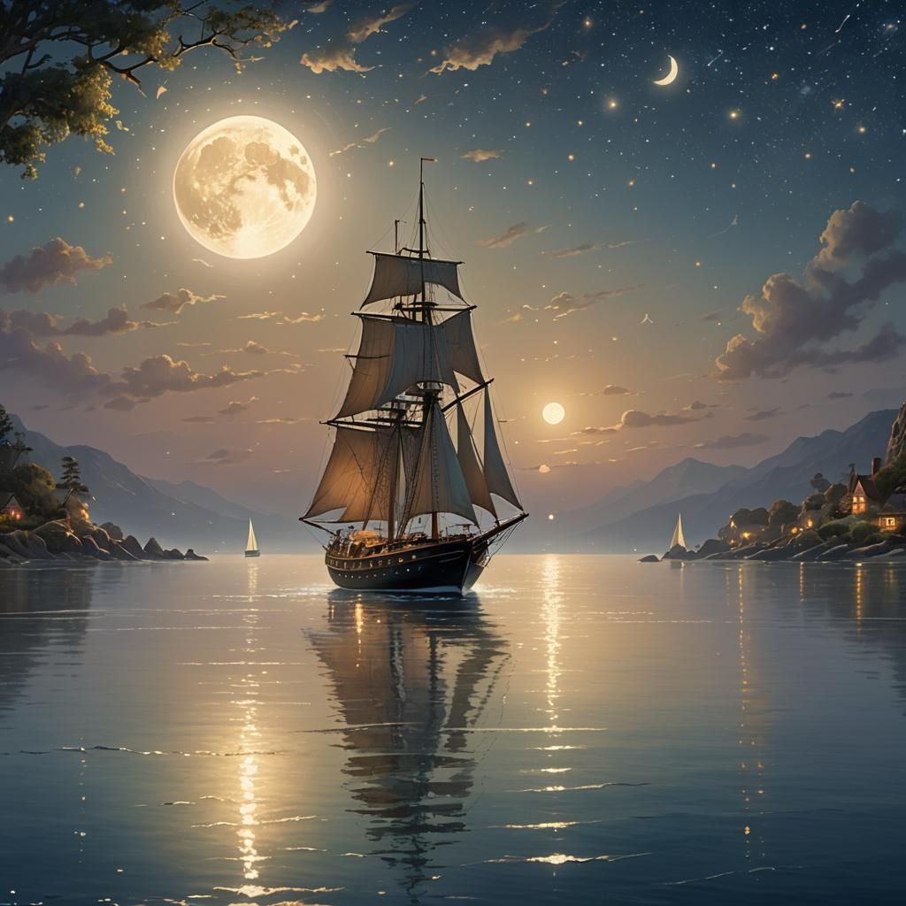 Sailboat on Serene Sea Under Starry Moonlit Sky