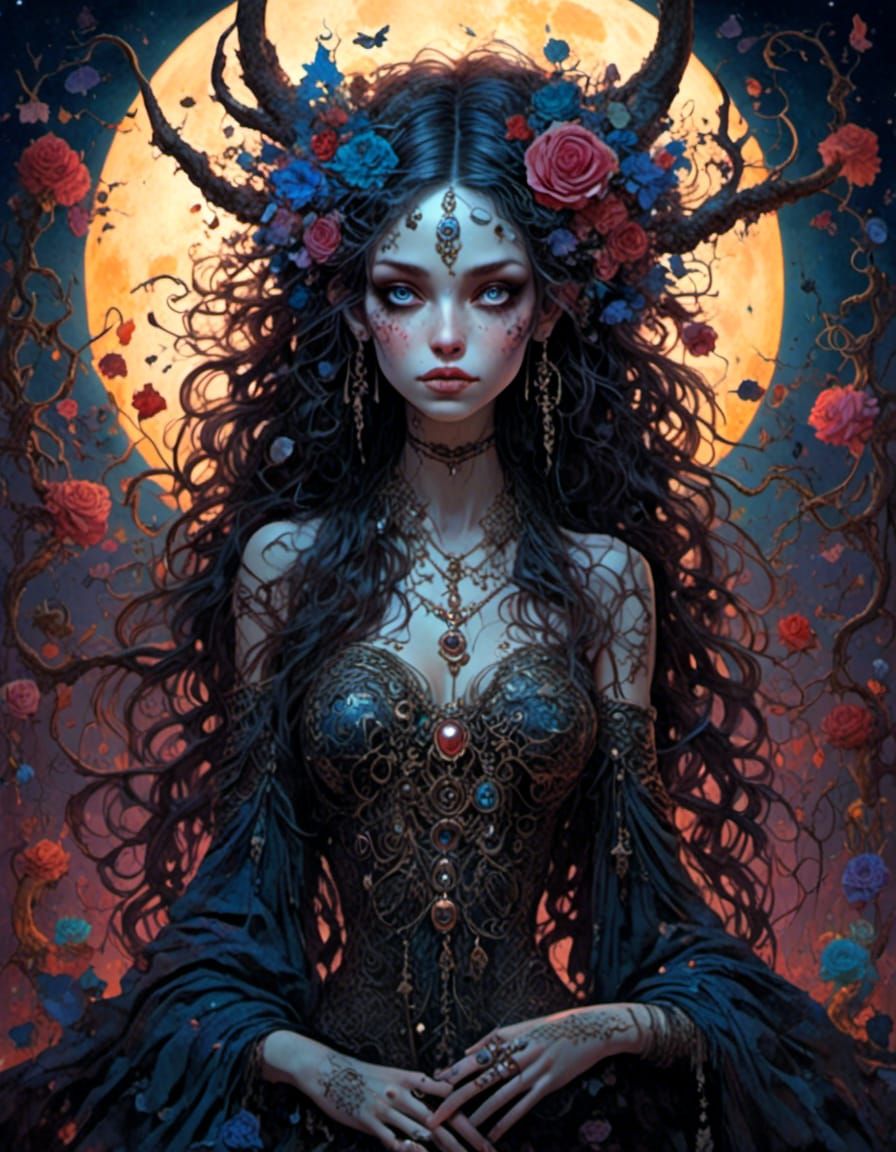 Macabre Goddess Under the Moonlight in Pop Surrealism