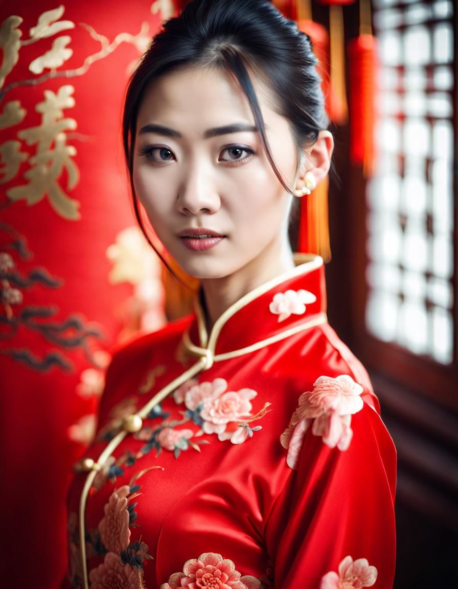 Stunning Portrait of Young Woman in Red Chinese Dress
