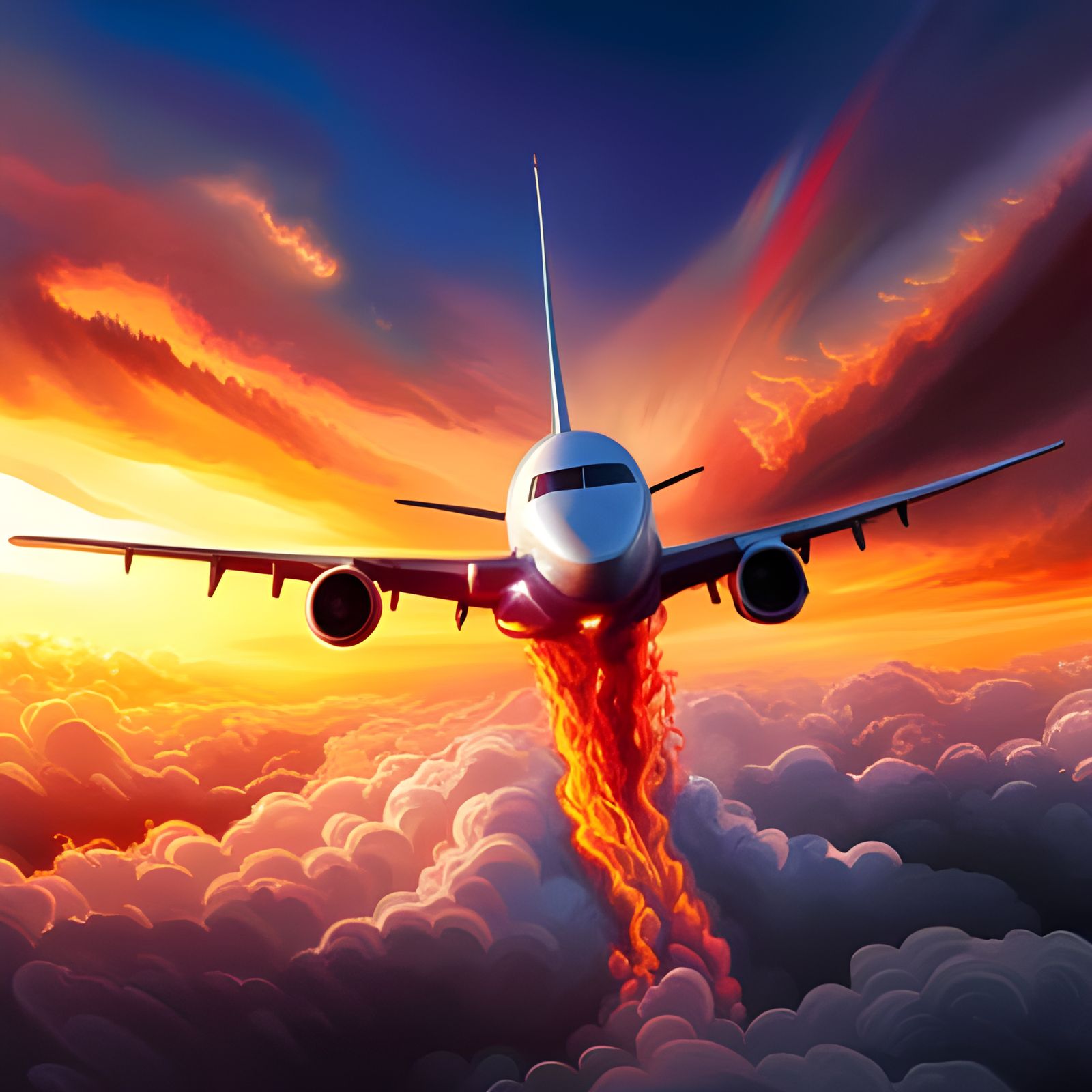 Hyperrealistic Airplane on Fire, Dramatic Concept Art