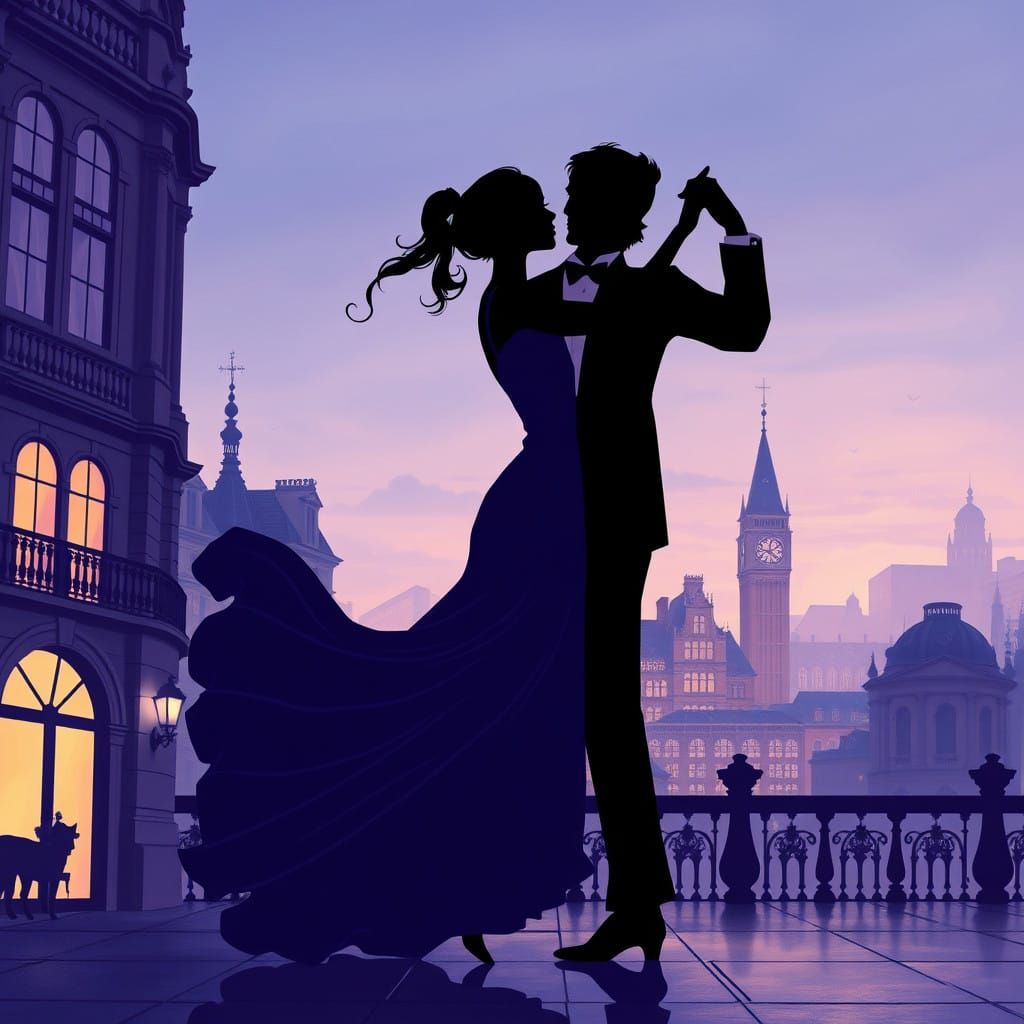 Elegant Silhouette of a Romantic Dancing Couple under Twilig...