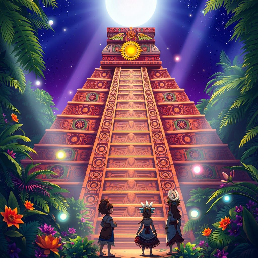 Mayan-Aztec Pyramid in Vibrant Anime Style