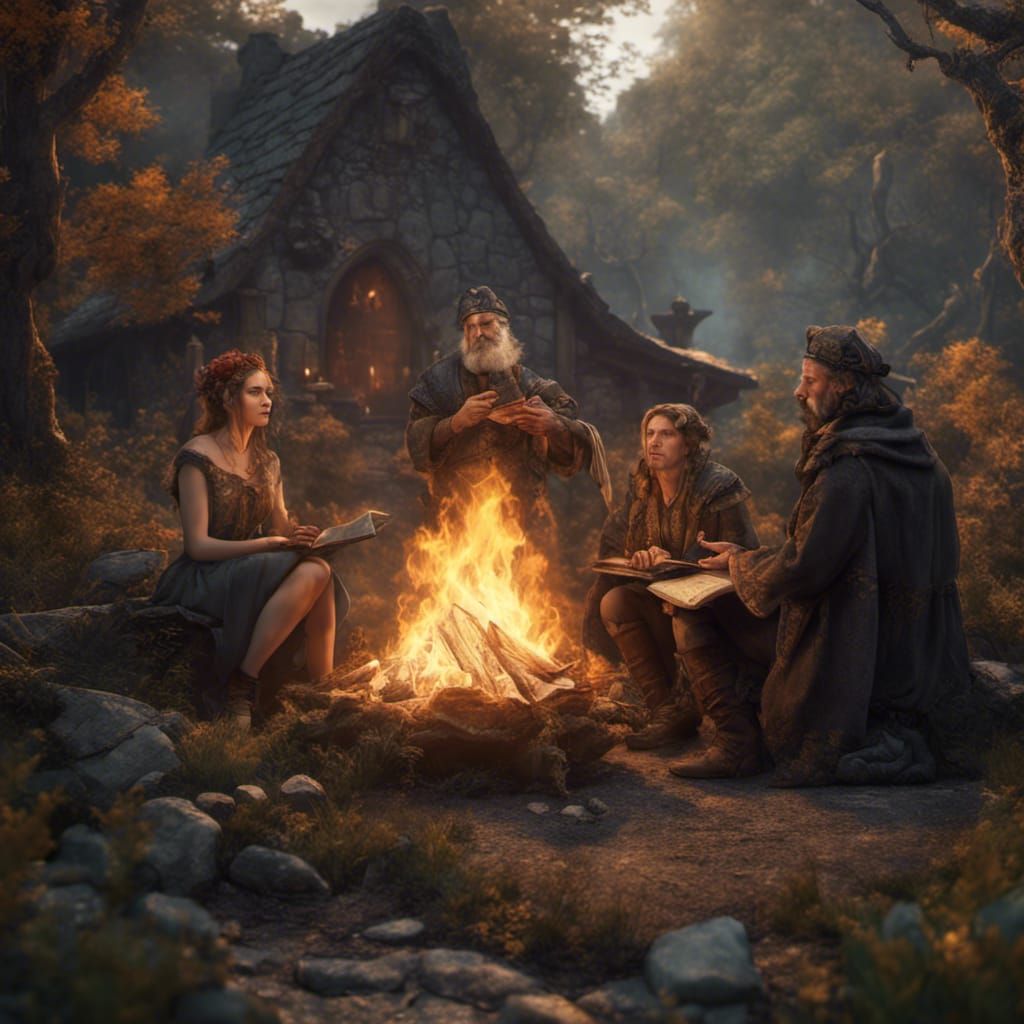 Irish Storyteller Around Fire: Detailed Matte Painting