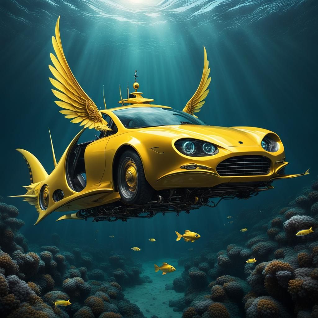 A gothic whimsical yellow flying yellow car in the depths of the ocean