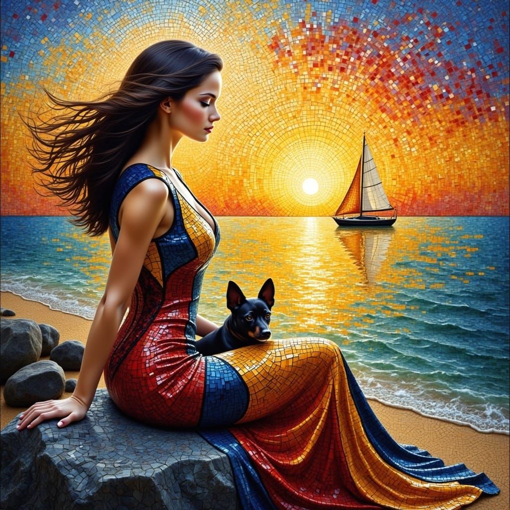Mosaic Art: Woman and Dog on Beach at Sunset