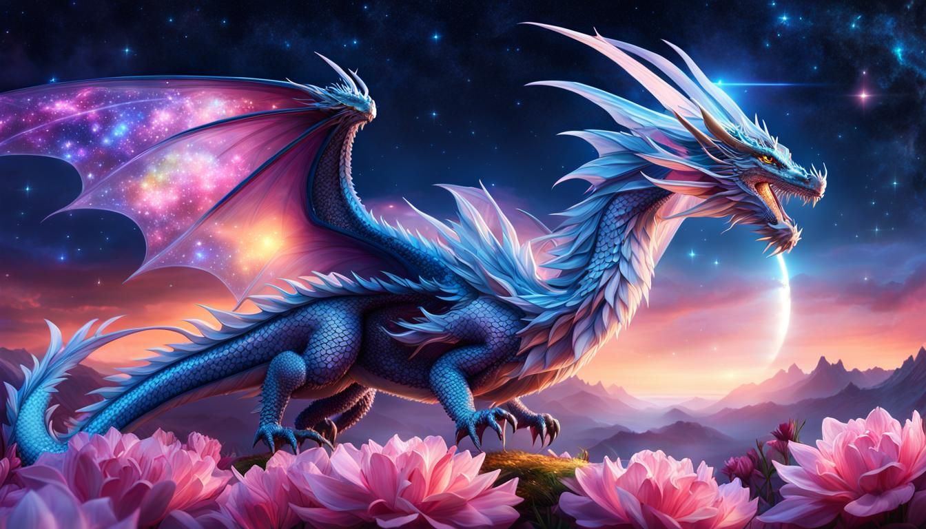 A majestic crystal dragon taking flight amid a starry sky, its transparent wings capture and refract the moonlight, crea...