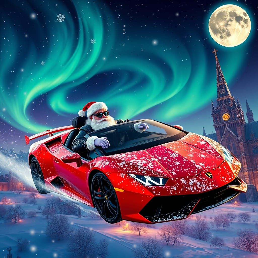 Santa Claus in a Lamborghini Soars Through the Night Sky