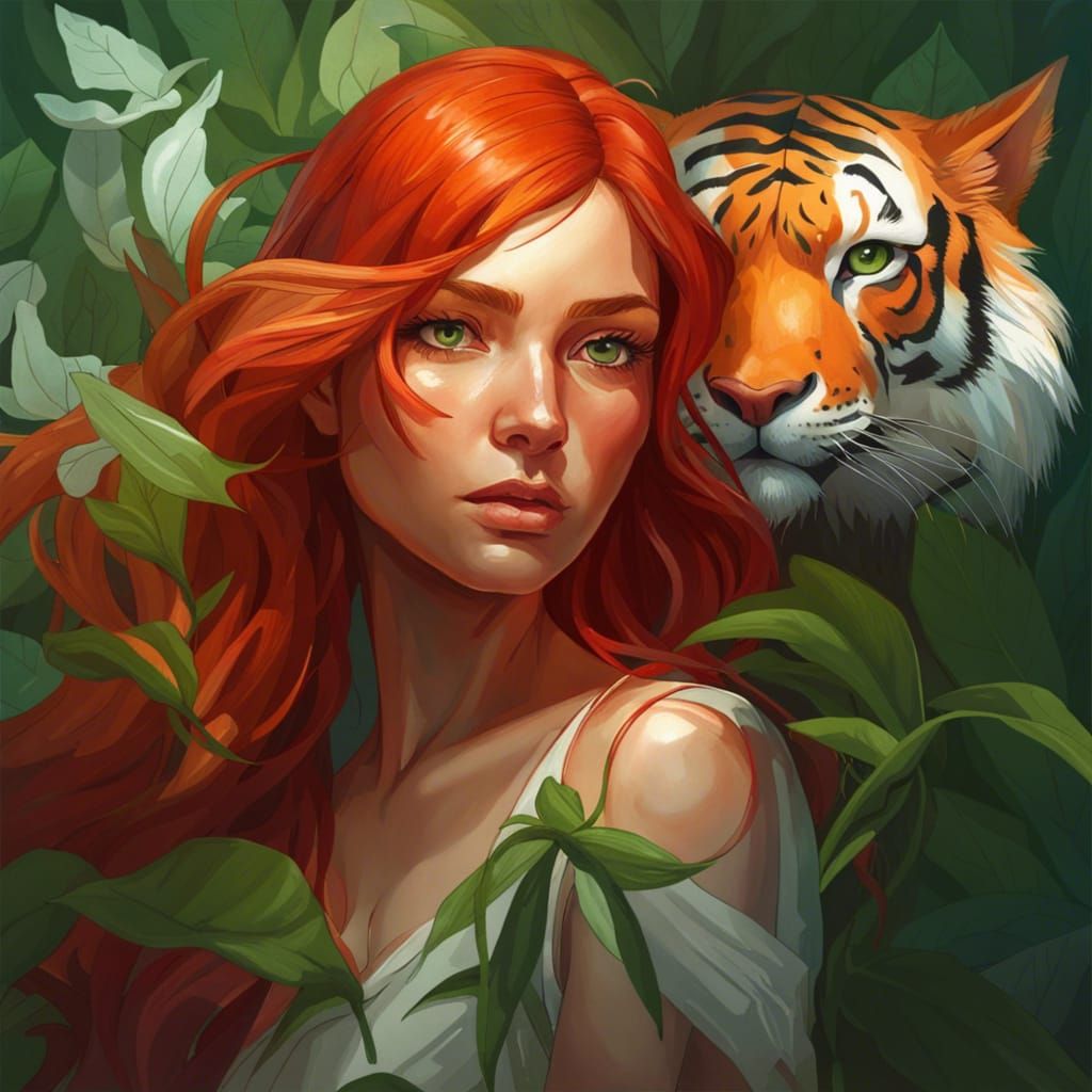 Red-Haired Girl with Lily, Hyperdetailed Digital Portrait