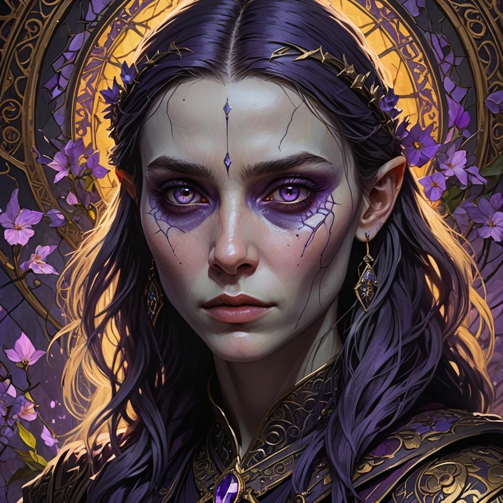 Drow Portrait in Dark Fantasy Style, Purple Eyes