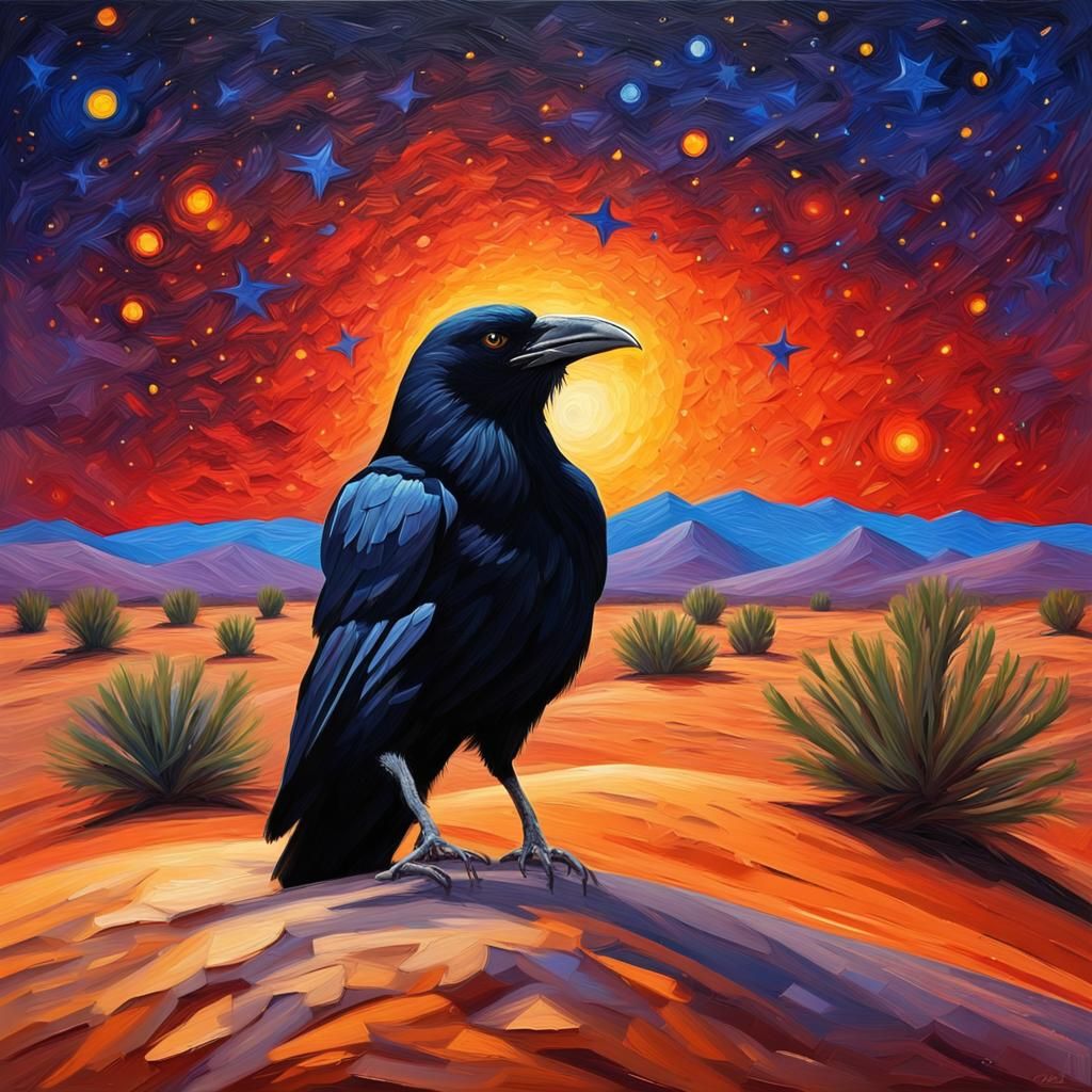 Crow Portrait in Desert Night Sky, Impasto Style